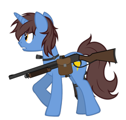 Size: 2214x2120 | Tagged: safe, artist:equestria secret guard, oc, oc only, oc:frozen flash, oc:冰闪, pony, unicorn, bag, flashlight (object), gun, high res, horn, male, saddle bag, shotgun, silent congruence town, silent congruence town 2, simple background, transparent background, unicorn oc, walking, weapon