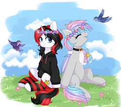 Size: 1714x1518 | Tagged: safe, artist:arllistar, oc, oc only, oc:dreamyway skies, oc:starforce fireline, bat pony, bird, pony, unicorn, accessory, bat pony oc, bat wings, blue eyes, chest fluff, clothes, cloud, collar, commission, ear tufts, eyes closed, female, flower, flower in hair, grass, grass field, hair accessory, happy, hoodie, hoof hold, hooves, horn, looking at you, mare, meadow, open mouth, pony oc, sky, socks, sparkly mane, sparkly tail, tail, unicorn oc, wings
