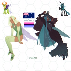 Size: 2048x2048 | Tagged: safe, artist:cryweas, queen chrysalis, thorax, changedling, changeling, human, g4, alternate hairstyle, australia, australian, boots, bracelet, clothes, corset, crown, dark skin, dress, duo, duo male and female, elf ears, eyebrows, eyeshadow, female, frown, high heel boots, high res, humanized, jewelry, king thorax, lipstick, makeup, male, nail polish, omnisexual, omnisexual pride flag, pride, pride flag, regalia, shoes, simple background, socks, stockings, thigh highs, white background, winged humanization, wings