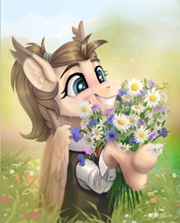 Size: 1949x2408 | Tagged: safe, artist:helmie-art, oc, oc only, oc:dima, pegasus, pony, bouquet of flowers, clothes, ear fluff, field, flower, folded wings, grass, grin, happy, meadow, smiling, solo, suit, wings