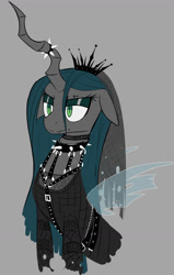 Size: 796x1249 | Tagged: safe, artist:ikarooz, queen chrysalis, changeling, changeling queen, g4, bust, choker, clothes, crown, fangs, female, fishnet stockings, frown, goth, horn, jewelry, makeup, regalia, simple background, solo, spiked choker, wings