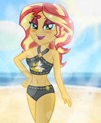 Size: 4944x6024 | Tagged: safe, artist:emeraldblast63, sunset shimmer, human, equestria girls, g4, beautiful, beautiful eyes, beautiful hair, bedroom eyes, belly button, bikini, blushing, breasts, busty sunset shimmer, clothes, cute, eyelashes, eyeshadow, female, lens flare, makeup, open mouth, open smile, red eyeshadow, shimmerbetes, smiling, solo, sparkles, sunset shimmer swimsuit, sunset shimmer's beach shorts swimsuit, swimsuit, woman