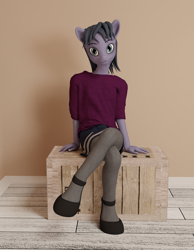 Size: 1680x2160 | Tagged: safe, artist:cicada bluemoon, oc, oc only, oc:cicada bluemoon, anthro, 3d, anthro oc, box, clothes, crossdressing, femboy, looking at you, male, room, shirt, shoes, sitting, skirt, socks, solo, stockings, t-shirt, thigh highs