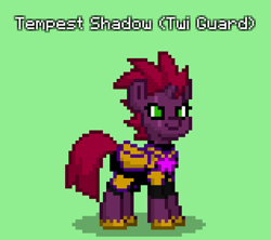 Size: 948x840 | Tagged: safe, tempest shadow, pony, unicorn, pony town, g4, armor, broken horn, female, green background, horn, mare, royal guard, simple background, solo, tempest becomes a royal guard, twilight guard