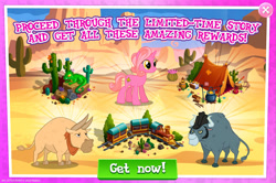 Size: 1962x1300 | Tagged: safe, gameloft, idw, doc holstein, king longhorn, polly pinkmaple, bull, pony, unicorn, g4, my little pony: magic princess, advertisement, axe, bandana, barrel, bush, cactus, canter creek cardplayer, cloven hooves, english, female, hat, horn, horns, idw showified, limited-time story, male, mare, mobile game, pot, saw, tent, text, train, weapon