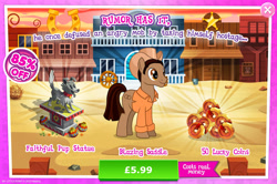 Size: 1956x1301 | Tagged: safe, gameloft, idw, blazing saddle, earth pony, pony, g4, my little pony: magic princess, advertisement, clothes, costs real money, cowboy hat, english, hat, idw showified, introduction card, male, mobile game, numbers, sale, shirt, solo, stallion, statue, text
