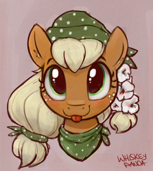 Size: 1956x2191 | Tagged: safe, artist:whiskeypanda, applejack, earth pony, pony, g4, :p, alternate hairstyle, bandana, blushing, braid, bust, doodle, flower, flower in hair, freckles, looking at you, mlem, signature, silly, simple background, smiling, tongue out