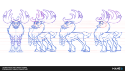 Size: 1280x720 | Tagged: safe, artist:lauren faust, artist:lindsay towns, stronghoof hoofstrong (tfh), deer, reindeer, them's fightin' herds, buck, cloven hooves, community related, concept art, male, monochrome, reference sheet, simple background, turnaround, white background