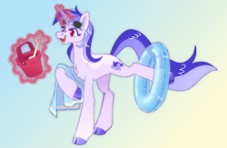 Size: 1286x839 | Tagged: safe, artist:polymercorgi, sea swirl, seafoam, pony, unicorn, g4, bucket, cloven hooves, female, glowing, glowing horn, gradient background, happy, horn, inner tube, magic, mare, open mouth, open smile, pool toy, quadrupedal, shovel, smiling, solo, sunglasses, towel