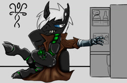 Size: 1085x717 | Tagged: safe, artist:damset, oc, oc only, oc:da-mset, changeling, armchair, chair, cloak, clothes, one eye, pixel art, refrigerator, simple background, solo