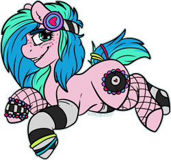 Size: 1736x1627 | Tagged: safe, artist:sexygoatgod, oc, oc only, oc:groove surfer, earth pony, pony, adoptable, clothes, female, fishnet stockings, glowstick, headphones, mare, mismatched socks, simple background, sock, socks, solo, stockings, thigh highs, transparent background