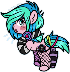 Size: 913x946 | Tagged: safe, artist:sexygoatgod, oc, oc only, oc:groove surfer, earth pony, pony, adoptable, butt, chibi, clothes, female, fishnet stockings, glowstick, headphones, mare, mismatched socks, plot, rear view, simple background, sock, socks, solo, stockings, striped socks, thigh highs, transparent background