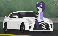 Size: 3605x2269 | Tagged: safe, alternate version, artist:kreuz, oc, oc only, oc:weel'kha, kirin, bedroom eyes, car, clothes, female, high res, initial d, kirin oc, nissan, nissan gt-r, sitting, socks, solo, striped socks, thigh highs, vehicle