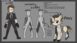 Size: 1920x1080 | Tagged: safe, artist:metaruscarlet, oc, oc only, oc:tsukina, human, pony, unicorn, asian, bandage, boots, clothes, curved horn, female, gloves, horn, humanized, humanized oc, japanese, mare, necktie, pants, reference sheet, scar, shirt, shoes, solo, suit, tattoo