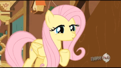 Size: 1280x720 | Tagged: safe, screencap, discord, fluttershy, draconequus, pegasus, pony, g4, keep calm and flutter on, season 3, all new, animated, discord being discord, duo, duo male and female, eating, element of kindness, female, fluttershy's cottage, folded wings, fork, hub logo, john de lancie, logo, male, mare, paper, sound, text, the hub, webm, wings