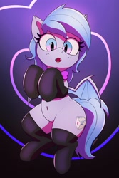 Size: 1954x2921 | Tagged: safe, artist:pabbley, oc, oc only, oc:lucky roll, bat pony, pony, :o, bat pony oc, belly button, bipedal, bowtie, chubby, clothes, female, heart, heart background, high res, looking at you, mare, open mouth, solo, stockings, thigh highs