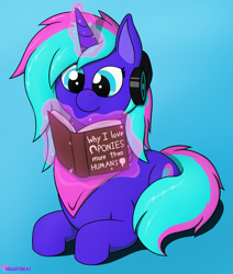 Size: 1614x1900 | Tagged: safe, artist:passionpanther, oc, oc only, oc:heartbeat, pony, unicorn, bandana, book, glowing, glowing horn, gradient background, headphones, horn, humor, lying down, magic, reading, solo