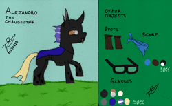 Size: 1170x720 | Tagged: safe, artist:alejandrogmj, artist:wasisi, oc, oc:wasisi, changeling, boots, changeling oc, clothes, glasses, nudity, reference sheet, scarf, shoes