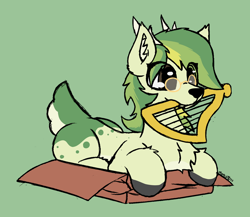 Size: 1392x1210 | Tagged: safe, artist:monycaalot, oc, oc only, oc:rhythm fruit, deer, box, colored sketch, deer in a box, deer oc, gift art, glasses, green background, lyre, musical instrument, nom, non-pony oc, simple background, solo