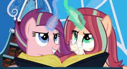 Size: 1282x698 | Tagged: safe, artist:pastelnightyt, oc, oc only, oc:comet dust, oc:sunset magic, pony, unicorn, blue eyes, book, bookshelf, coat markings, colored muzzle, ear freckles, facial markings, female, freckles, glasses, grin, looking up, magic, magic aura, mare, offspring, parent:starlight glimmer, parent:sunburst, parents:starburst, siblings, sisters, smiling, star (coat marking), teal eyes, twilight's canterlot home, window