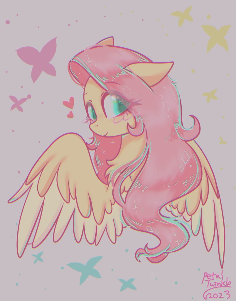 [blushing,bust,chest fluff,cute,female,floppy ears,fluttershy,heart,looking at you,looking back,mare,pegasus,pony,safe,signature,simple background,solo,wings,shyabetes,eye clipping through hair,looking back at you,smiling,floating heart,gray background,smiling at you,partially open wings,artist:petaltwinkle]