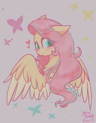 Size: 1074x1368 | Tagged: safe, artist:petaltwinkle, fluttershy, pegasus, pony, g4, blushing, bust, chest fluff, cute, eye clipping through hair, female, floating heart, floppy ears, gray background, heart, looking at you, looking back, looking back at you, mare, partially open wings, shyabetes, signature, simple background, smiling, smiling at you, solo, wings