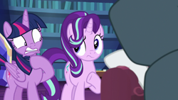 Size: 1280x720 | Tagged: safe, screencap, rarity, starlight glimmer, twilight sparkle, alicorn, pony, unicorn, g4, it isn't the mane thing about you, disgusted, duo, female, mare, pinpoint eyes, reaction image, trio, twilight sparkle (alicorn), twilight's castle, unamused