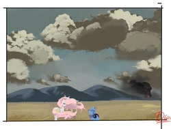 Size: 1197x907 | Tagged: safe, artist:thelunarmoon, princess celestia, princess luna, alicorn, pony, g4, butt, duo, facing away, female, filly, floppy ears, mare, pink-mane celestia, plot, scenery, siblings, signature, sisters, smoke, windswept mane, woona, younger