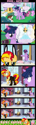 Size: 1280x4420 | Tagged: safe, artist:bigsnusnu, cotton cloudy, pipsqueak, piña colada, ruby pinch, sunset shimmer, twilight sparkle, earth pony, pegasus, pony, unicorn, comic:dusk shine in pursuit of happiness, g4, animal costume, blushing, blushing profusely, bowtie, bunny costume, bunny ears, bunny suit, camera, canterlot castle, caught, clothes, comic, costume, dusk shine, easter, easter bunny, easter egg, emanata, embarrassed, happy easter, high heels, holiday, horn, red face, rule 63, shoes, stockings, thigh highs, unicorn dusk shine