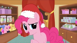 Size: 820x461 | Tagged: safe, artist:tiarawhy, pinkie pie, earth pony, pony, g4, christmas, female, hat, hearthswarming heat, holiday, santa hat, solo