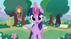 Size: 2557x1431 | Tagged: safe, artist:tiarawhy, twilight sparkle, alicorn, pony, g4, bench, female, flower, fountain, glowing, glowing horn, horn, looking at you, magic, park, pony waifu sim, scenery, solo, telekinesis, tree, tulip, twilight sparkle (alicorn)