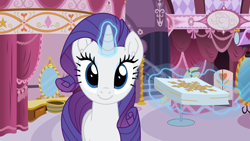 Size: 1920x1080 | Tagged: safe, artist:tiarawhy, rarity, pony, unicorn, g4, carousel boutique, female, game screencap, glowing, glowing horn, horn, pony waifu sim, present, solo