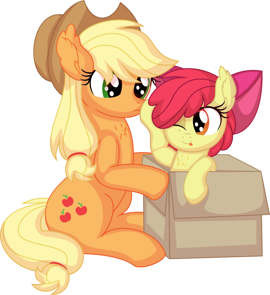 [apple bloom,apple bloom's bow,applejack,applejack's hat,boop,bow,box,chest fluff,cowboy hat,cute,duo,earth pony,female,filly,foal,hair bow,hat,mare,pony,pony in a box,safe,simple background,sitting,transparent background,vector,tongue out,.svg available,jackabetes,adorabloom,artist:cyanlightning,absurd resolution]