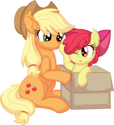 Size: 6921x7569 | Tagged: safe, artist:cyanlightning, apple bloom, applejack, earth pony, pony, g4, .svg available, absurd resolution, adorabloom, apple bloom's bow, apple sisters, applejack's hat, boop, bow, box, chest fluff, cowboy hat, cute, duo, female, filly, foal, hair bow, hat, jackabetes, mare, pony in a box, siblings, simple background, sisters, sitting, tongue out, transparent background, vector