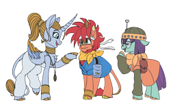 Size: 1920x1200 | Tagged: safe, artist:brainiac, alicorn, earth pony, kirin, pony, alicornified, chrono trigger, crono, crossover, female, kirin-ified, lucca, male, mare, marle, ponified, race swap, simple background, species swap, stallion, transparent background