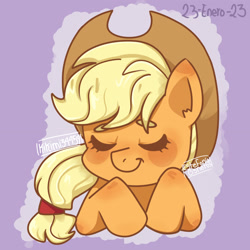 Size: 2048x2048 | Tagged: source needed, safe, artist:kikimi34454, applejack, earth pony, pony, g4, cowboy hat, cute, eyes closed, female, hat, high res, jackabetes, mare, purple background, simple background, sleeping, solo