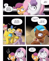 Size: 3000x3700 | Tagged: safe, artist:begoliah, scootaloo, sweetie belle, oc, dragon, earth pony, hippogriff, pegasus, pony, unicorn, semi-anthro, comic:crusaders, g4, arm hooves, baby, baby pony, comic, crying, female, high res, human shoulders, male, sternocleidomastoid