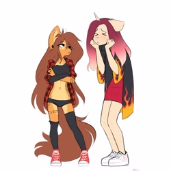 Size: 3000x3000 | Tagged: safe, artist:katputze, oc, oc only, oc:apogee (tinygaypirate), oc:crimson sunset, dog, unicorn, anthro, plantigrade anthro, ><, belly button, briefs, clothes, converse, crossed arms, duo, eyes closed, female, floppy ears, furry, furry oc, high res, jacket, mare, midriff, plaid shirt, shirt, shoes, simple background, sneakers, underwear, white background