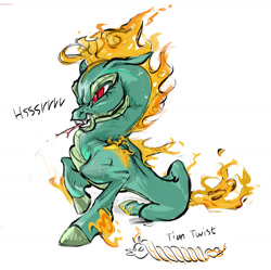 Size: 1395x1389 | Tagged: safe, artist:beherelongtime, tianhuo (tfh), dragon, hybrid, longma, them's fightin' herds, community related, eyelashes, female, hissing, mane of fire, red eyes, tail, tail of fire, tongue out