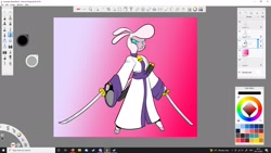 Size: 1920x1080 | Tagged: safe, artist:duragan, pom (tfh), sheep, semi-anthro, them's fightin' herds, arm hooves, clothes, community related, female, gradient background, katana, kimono (clothing), looking at you, solo, sword, weapon, wip