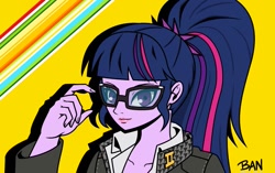Size: 1183x743 | Tagged: safe, artist:banquo0, sci-twi, twilight sparkle, human, equestria girls, g4, bust, clothes, crossover, female, glasses, looking at you, persona, persona 4, ponytail, school uniform, smiling, solo, yu narukami