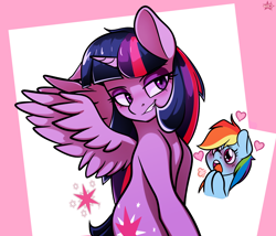 Size: 2528x2160 | Tagged: safe, artist:alexsc112, rainbow dash, twilight sparkle, alicorn, pegasus, pony, g4, bedroom eyes, duo, duo female, female, heart, high res, horn, lesbian, mare, ship:twidash, shipping, signature, spread wings, twilight sparkle (alicorn), wings