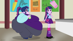 Size: 2560x1440 | Tagged: safe, artist:neongothic, sci-twi, twilight sparkle, alicorn, human, equestria girls, g4, bbw, belly, big belly, big breasts, bingo wings, breasts, bubble tea, burger, busty sci-twi, chubby cheeks, clothes, double chin, fat, fat ass, fat boobs, fat fetish, female, fetish, food, french fries, glasses, huge belly, huge butt, human paradox, impossibly large belly, impossibly large butt, large butt, morbidly obese, obese, physique difference, ponytail, sci-twilard, self paradox, skirt, ssbbw, thighs, thunder thighs, twibutt, twilight sparkle (alicorn), twolight, weight gain