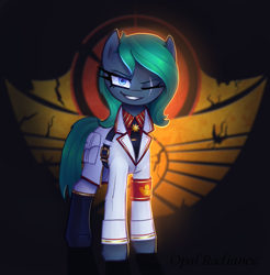 Size: 2800x2840 | Tagged: safe, artist:opal_radiance, oc, oc only, oc:colour field, earth pony, pony, equestria at war mod, clothes, earth pony oc, eye scar, facial scar, grin, high res, looking at you, one eye closed, pax solaris, scar, smiling, smiling at you, solar empire, solo, uniform, wink, winking at you