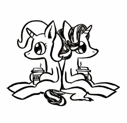 Size: 2907x2803 | Tagged: safe, artist:horsewizardart, starlight glimmer, trixie, pony, unicorn, g4, back to back, black and white, coffee cup, cup, duo, female, grayscale, high res, mare, monochrome, simple background, sitting, white background