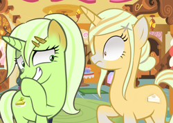 Size: 2177x1554 | Tagged: safe, artist:anonymare, oc, oc:bananacream pie, oc:limepie, pony, unicorn