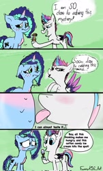 Size: 1233x2048 | Tagged: safe, artist:funnyk16, misty brightdawn, zipp storm, pegasus, pony, unicorn, g5, bait and switch, blushing, comic, dialogue, duo, duo female, ears back, fake cutie mark, female, floppy ears, folded wings, food, freckles, green background, gulp, hoof hold, ice cream, licking, looking at someone, looking at something, looking away, mare, nervous, raised hoof, reference, shaking, signature, simple background, spongebob reference, spongebob squarepants, spread wings, sweat, sweatdrops, the smoking peanut, tongue out, unshorn fetlocks, wings