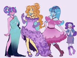 Size: 2000x1500 | Tagged: safe, artist:dulcesilly, adagio dazzle, aria blaze, rarity, sonata dusk, human, equestria girls, g4, alternate hairstyle, clothes, commission, dress, evening gloves, eye clipping through hair, eyes closed, female, gloves, long gloves, off shoulder, open mouth, open smile, purple background, simple background, smiling, the dazzlings