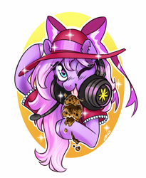 Size: 2353x2868 | Tagged: safe, artist:opalacorn, oc, oc only, oc:lillybit, earth pony, pony, commission, female, food, hat, headphones, high res, hoof hold, ice cream, ice cream cone, licking, looking at you, mare, one eye closed, simple background, solo, tongue out, white background, wink, winking at you