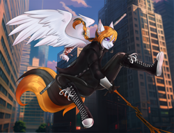 Size: 2200x1683 | Tagged: safe, artist:serodart, oc, oc only, pegasus, anthro, plantigrade anthro, anthro oc, catsuit, city, clothes, converse, femboy, jacket, latex, latex suit, male, marvel, new york city, pegasus oc, pigtails, shoes, sneakers, solo, spider-man, stick, weapon, wings